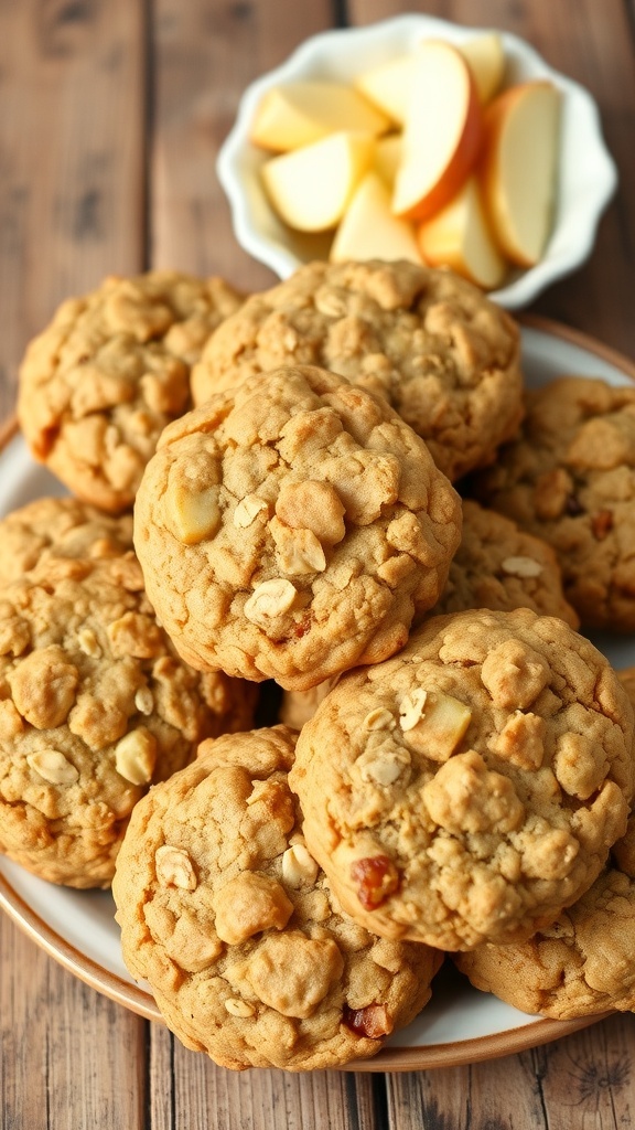 A plate of apple oatmeal cookies with oats and apple pieces, on a wooden table.
